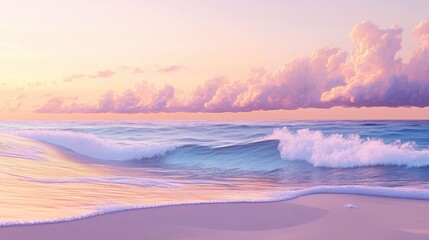 Fototapeta premium A serene ocean view with small waves and golden sand under a pastel-colored sky, creating a tranquil mood