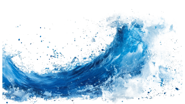 A combination of blue and white paint splashes depicting an abstract ocean wave isolated on a transparent background, PNG
