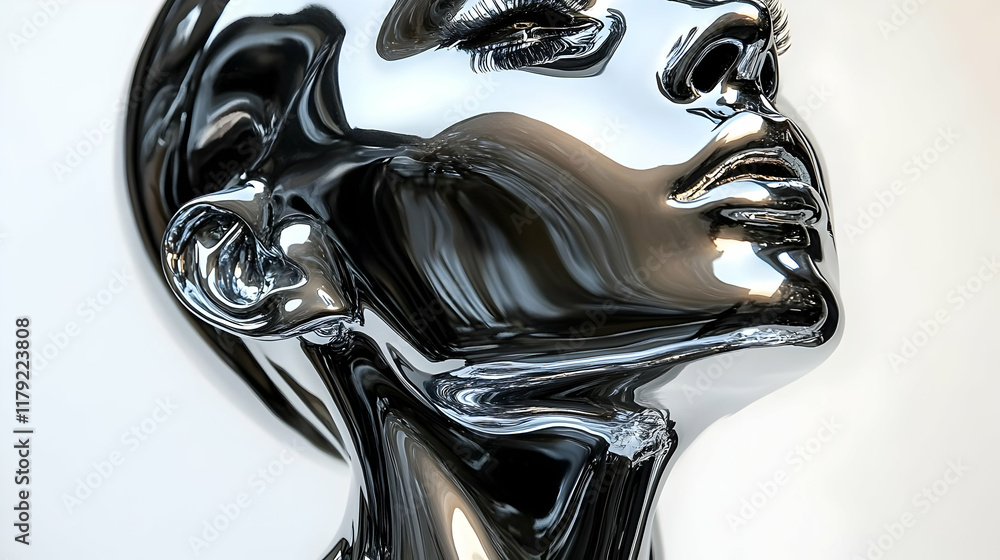 Poster 3D Render of a Chrome Woman's Face with Distorted Features, Isolated on White Background with Soft Lighting