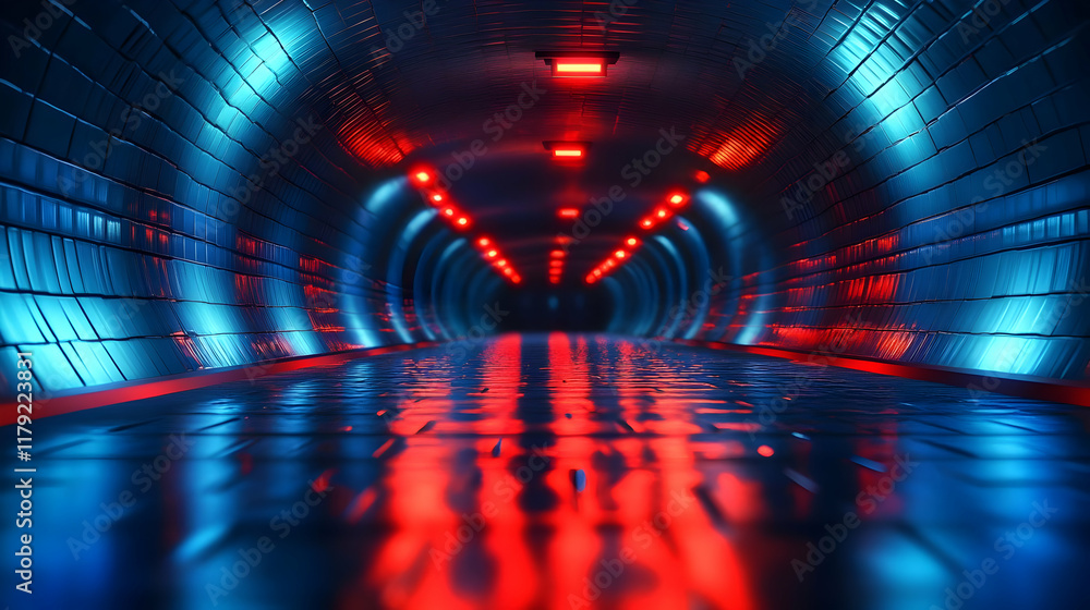 Aufkleber futuristic tunnel illuminates with red and blue lights, creating a sci-fi atmosphere deep inside.