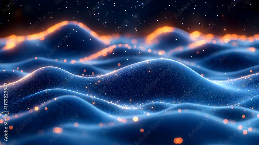 Poster abstract 3d landscape forms gentle waves with glowing particles subtly elegantly against a dark back