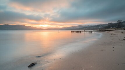 Fototapeta premium A serene seaside shot with soft ripples and a sandy beach, radiating warmth and tranquility under a pastel sky