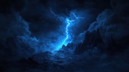 Blue lightning strikes stormy sea, dark mountains, night, fantasy backdrop