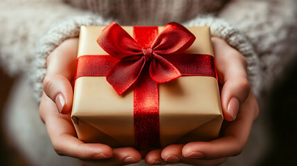 Woman Holds a Beautifully Wrapped Gift Box with a Red Ribbon Gently
