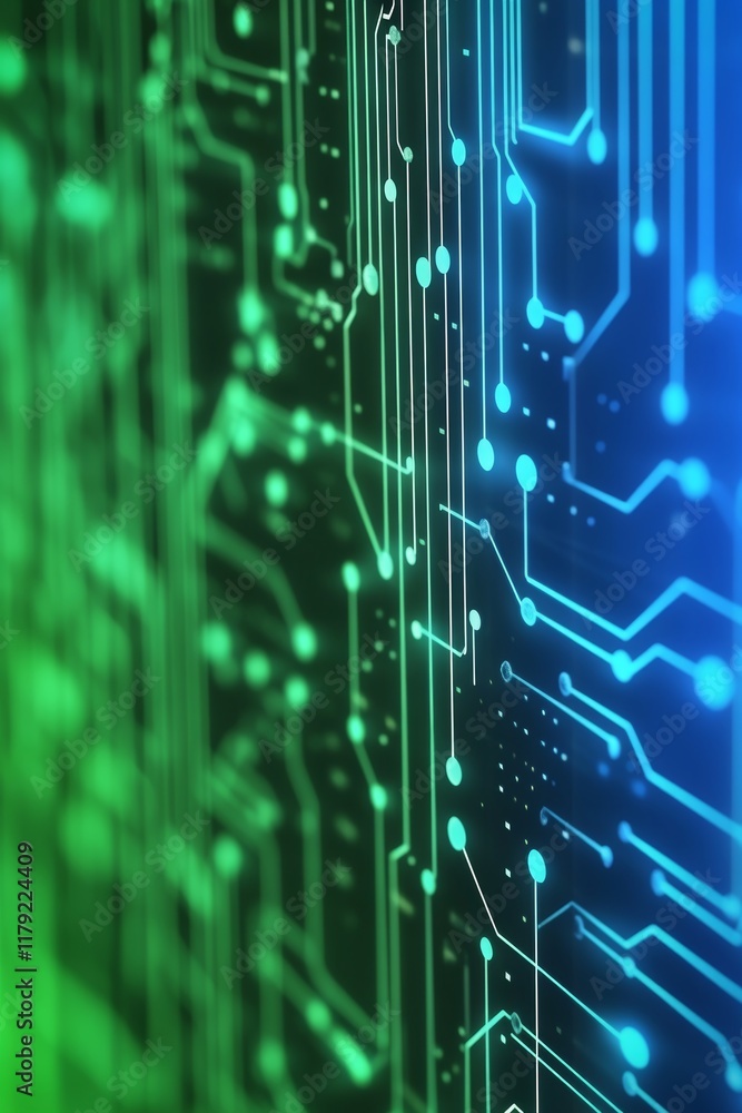Poster green, blue, binary code abstract digital circuit board with network nodes background
