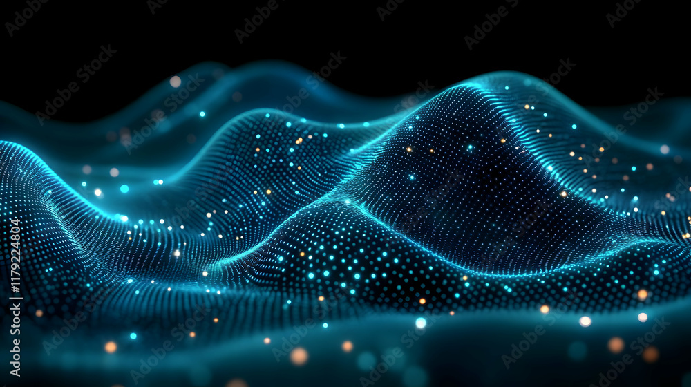 Poster abstract blue wavy particle grid flows smoothly on a dark background