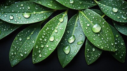 Fototapeta premium Lush green leaves with water droplets on dark background.