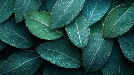 Obraz premium Lush green leaves with water droplets. (1)