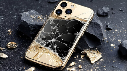 Gold smartphone with a cracked screen displays on a textured background with rocks and gold fragments.