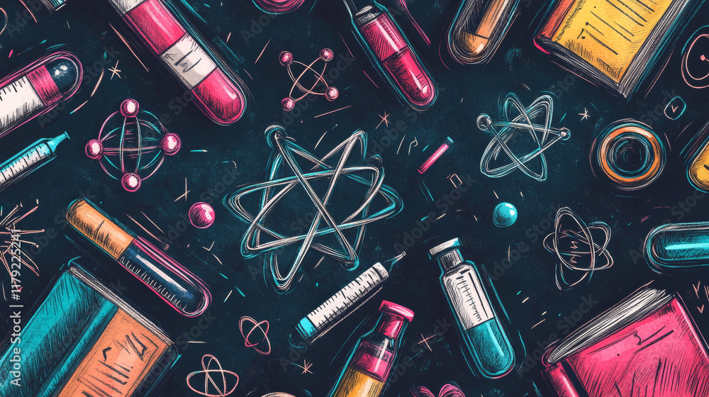 Poster science and education seamless patterns with set of sketched backgrounds with microscope, laboratory