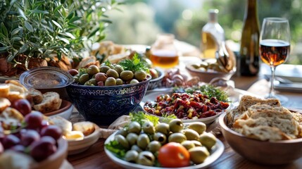 Mediterranean table setting with olives, bread, wine, and sunlit background.