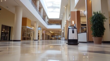 Empty shopping mall interior with cleaning robot.