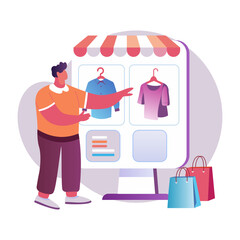 A flat illustration of a character using interactive store 

