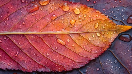 Fototapeta premium Autumn Leaf Water Droplets Closeup Detail