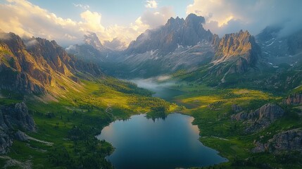 A serene landscape featuring mountains, a lake, and lush greenery under a cloudy sky.