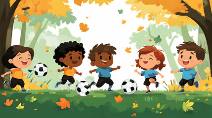 Diverse Children Play Soccer in Autumn Park Illustration with Falling Leaves Background.
