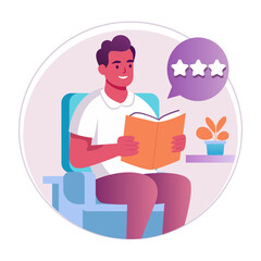 A flat illustration of a character reading customer reviews 

