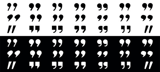 Quote and Quotation Mark Typography Designs in different shapes. Vector illustration isolated on black and white backgrounds.