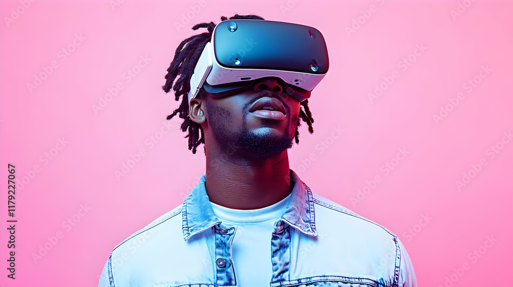 Poster man explores virtual reality using vr headset, immersed in a digital world on pink background