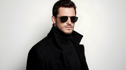Stylish Man Wears Black Sunglasses, Turtleneck, and Coat Against a White Backdrop