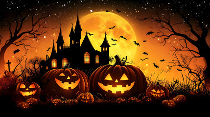 Halloween Night with Pumpkins, Haunted House, and Bats under Full Moon.