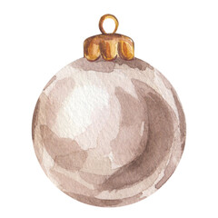 Silver beige glass ball Christmas tree toy. Bright crystal shiny New Year decorations. Hand drawn watercolor illustration isolated on white background. For postcard, advertising, design.