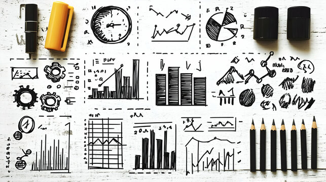 Business Data Analysis Charts and Graphs Drawn with Pencils and Markers on White Wood