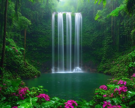 Lush tropical waterfall cascading into a serene pool.