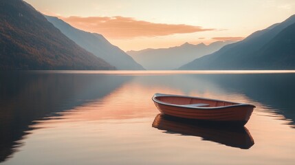 Serene sunset over calm lake with small rowboat. (3)