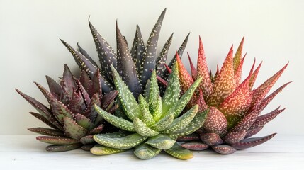 Fototapeta premium Vibrant Aloe Vera Succulents on White Wooden Surface.