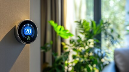 Smart thermostat displaying 20 degrees Celsius on a wall, with a blurred background of indoor plants and a window.