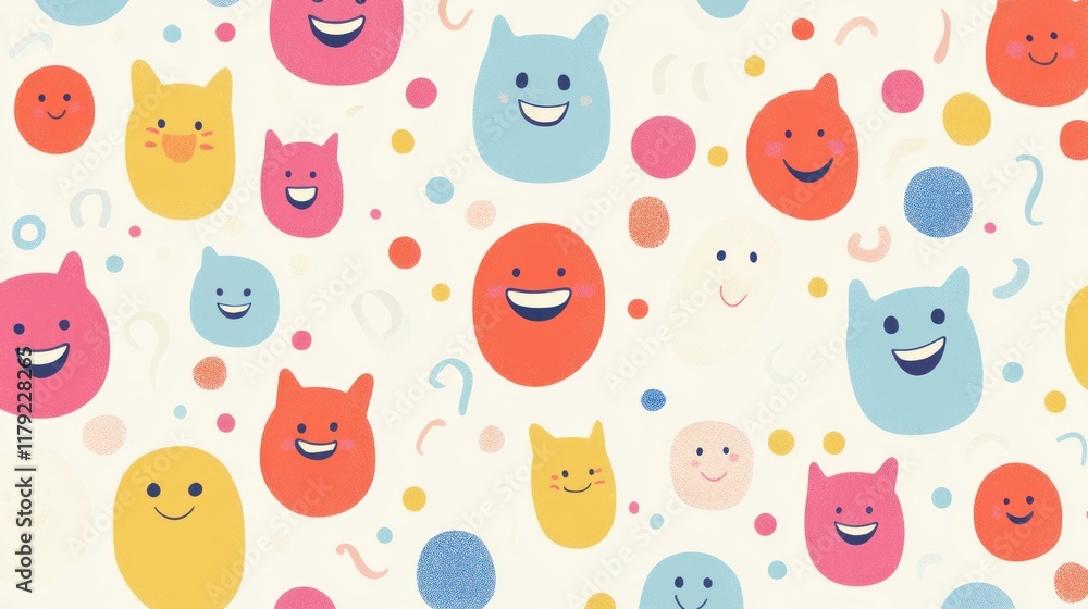 Poster happy colorful cat faces and dots background pattern.
