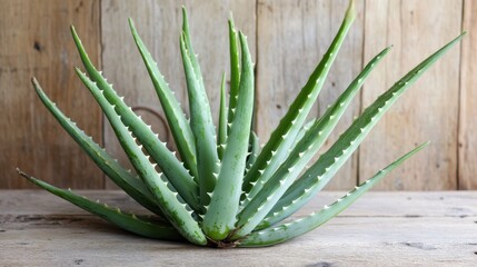 Fototapeta premium Lush Green Aloe Vera Plant on Rustic Wooden Surface.