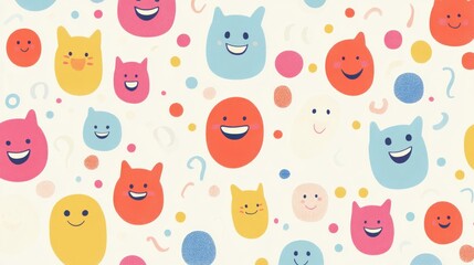 Happy colorful cat faces and dots background pattern.