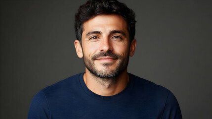 Fototapeta premium Portrait of a Man Smiling Gently Against a Gray Backdrop