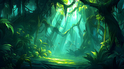 Fototapeta premium Lush jungle path sunlight dappled rainforest background game design.