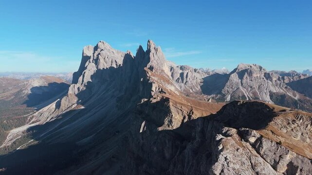 Seceda ridgeline at Puez-Odle Nature Park popular for mountaineering, drone