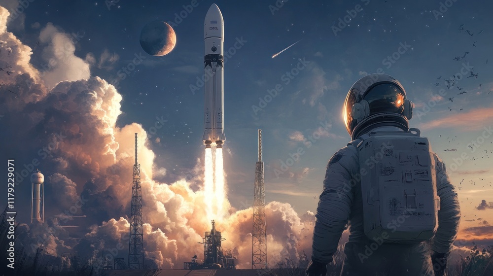Poster astronaut witnessing a rocket launch into space, with a planet visible in the background.