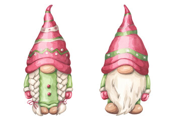 Cute Christmas gnome boy and girl with pigtailed, red hat and green dress, suit. A magical Scandinavian character for the New Year. Hand draw watercolor illustration isolated background