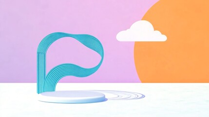 Vibrant 3D Render: Abstract Teal Wave Product Mockup on Pastel Background. AI Generated