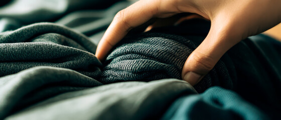 A close-up of a hand gently grasping a bundle of soft, textured fabric, showcasing the warmth and comfort of textiles.