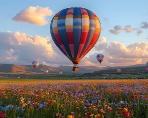 Fototapeta premium Vibrant Wildflowers and Colorful Hot Air Balloons Soaring Over Serene Landscape