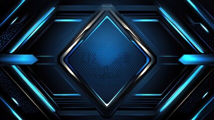 Abstract dark blue geometric background with glowing lines and metallic frame.