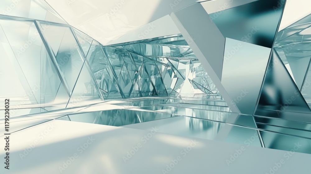 Poster abstract futuristic architecture with glass and metal structures, reflecting light and creating a mo
