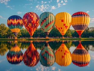 Fototapeta premium Colorful Hot Air Balloons Reflected in Serene Lake at Sunset Picturesque Scenic Landscape Background with Vibrant Mirrored Reflection