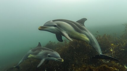 Obraz premium Two dusky dolphins swimming near kelp forest.