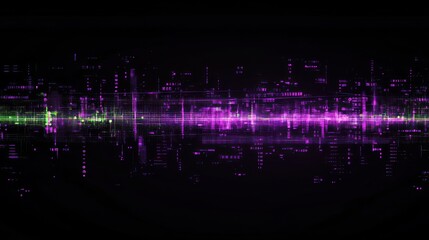 Abstract purple and green digital wave, glowing energy flow, futuristic technology background.