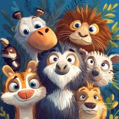 Fototapeta premium Happy Cartoon Animals Group Selfie Tropical Background