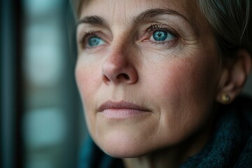 Thoughtful caucasian mature female gazing out the window with contemplative expression.