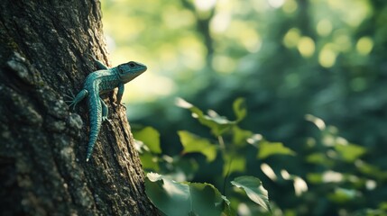 Fototapeta premium A vibrant blue lizard perched on a textured tree trunk in a lush green forest setting filled with foliage.